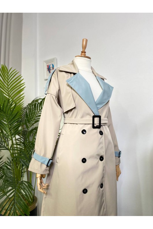 4425 Çift Renk Tesettür Trençkot Bej - Bebe Mavisi-D4 4425 Çift Renk Tesettür Trençkot Bej - Bebe Mavisi-D4