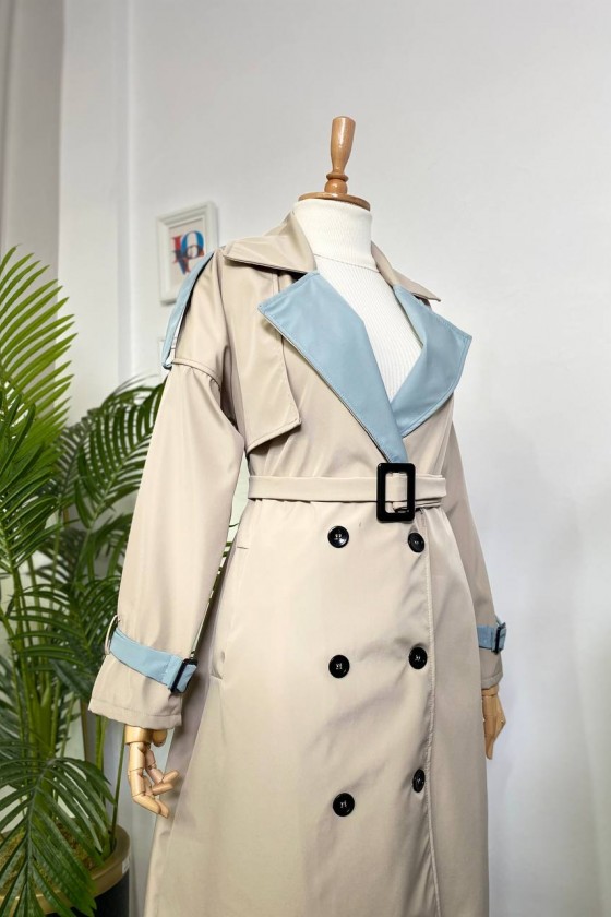 4425 Çift Renk Tesettür Trençkot Bej - Bebe Mavisi-D4