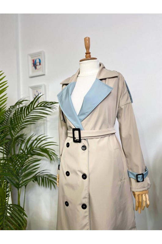 4425 Çift Renk Tesettür Trençkot Bej - Bebe Mavisi-D4 4425 Çift Renk Tesettür Trençkot Bej - Bebe Mavisi-D4