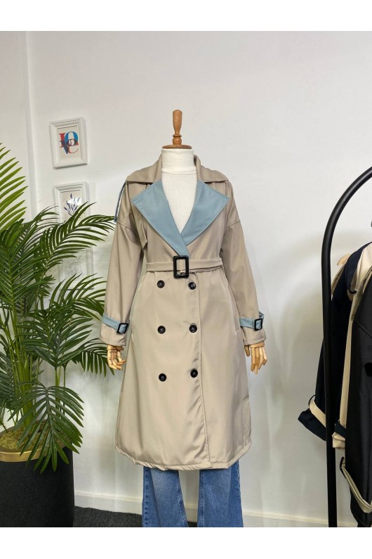 4425 Çift Renk Tesettür Trençkot Bej - Bebe Mavisi-D4 4425 Çift Renk Tesettür Trençkot Bej - Bebe Mavisi-D4