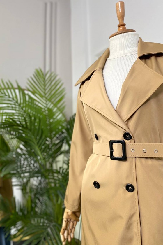 Kol Detaylı Tesettür Trençkot Camel