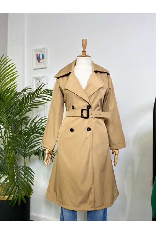 Kol Detaylı Tesettür Trençkot Camel