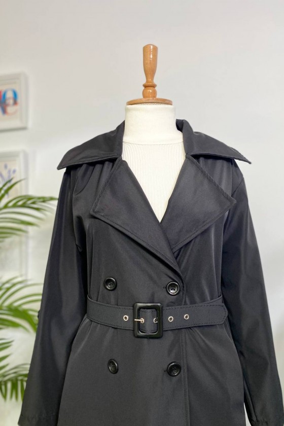 4400 - Kol Detaylı Tesettür Trençkot Si̇yah-F2