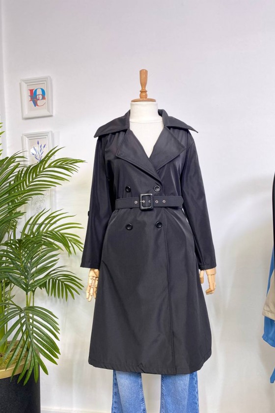 4400 - Kol Detaylı Tesettür Trençkot Si̇yah-F2