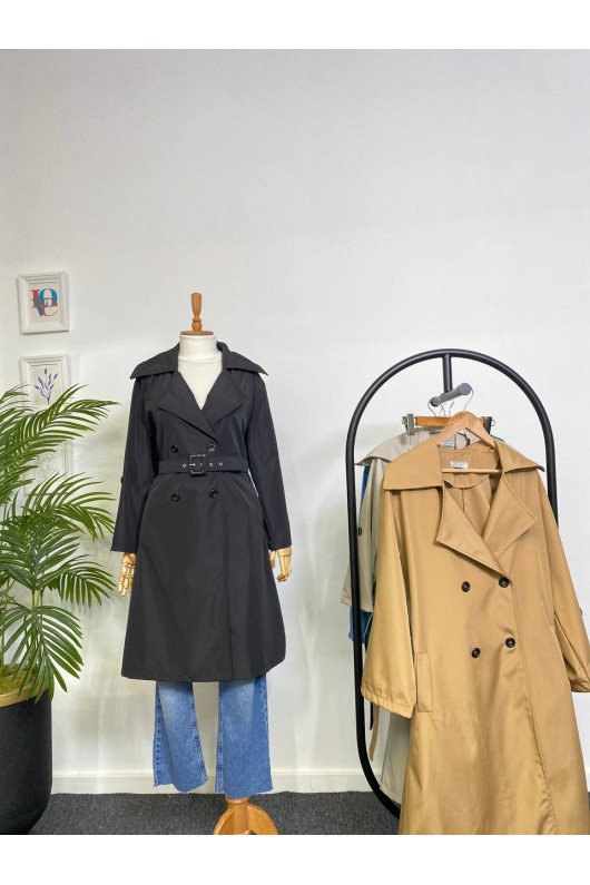 4400 - Kol Detaylı Tesettür Trençkot Si̇yah-F2 4400 - Kol Detaylı Tesettür Trençkot Si̇yah-F2