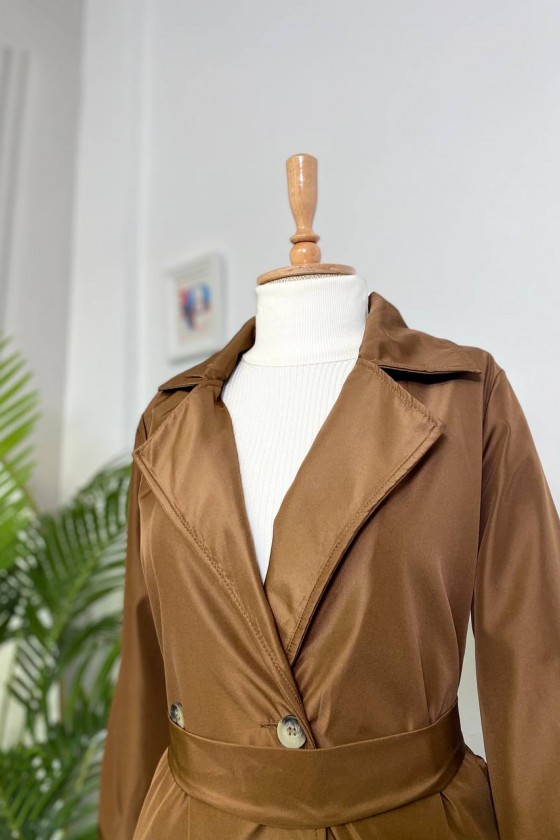 10986 - Tesettür Trençkot Kahverengi̇-A21