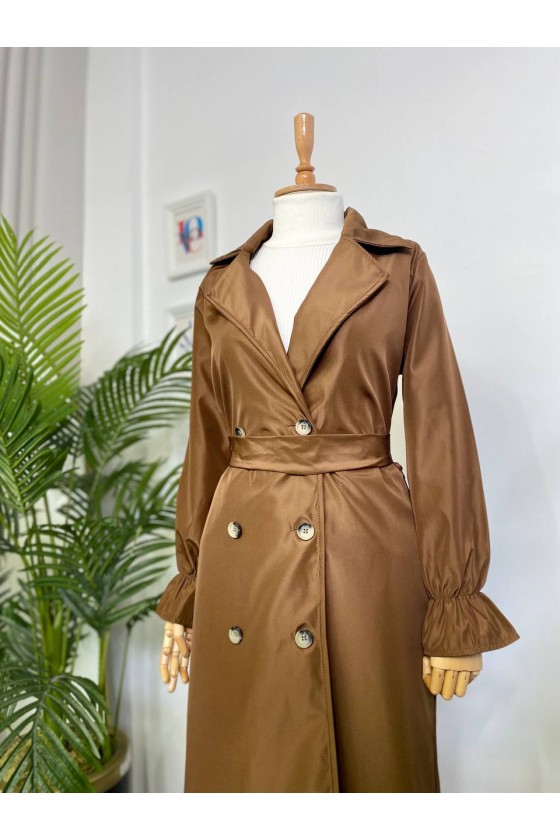 10986 - Tesettür Trençkot Kahverengi̇-A21