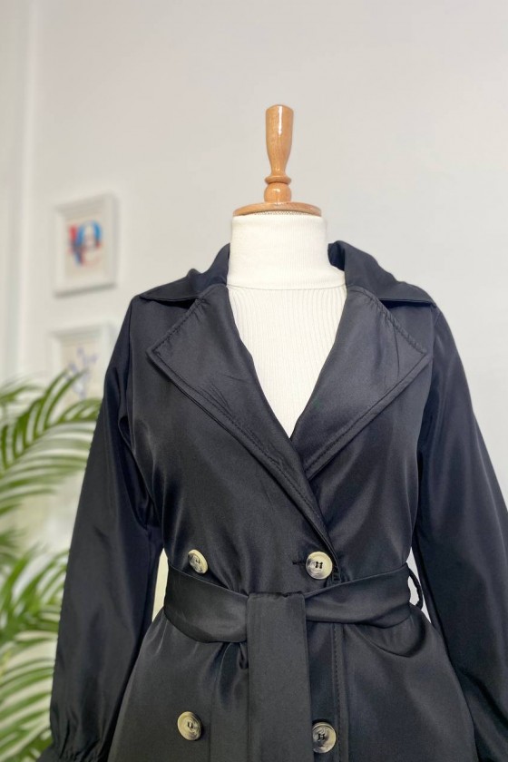 10986 - Tesettür Trençkot Si̇yah-A21