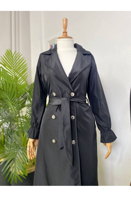 10986 - Tesettür Trençkot Si̇yah-A21