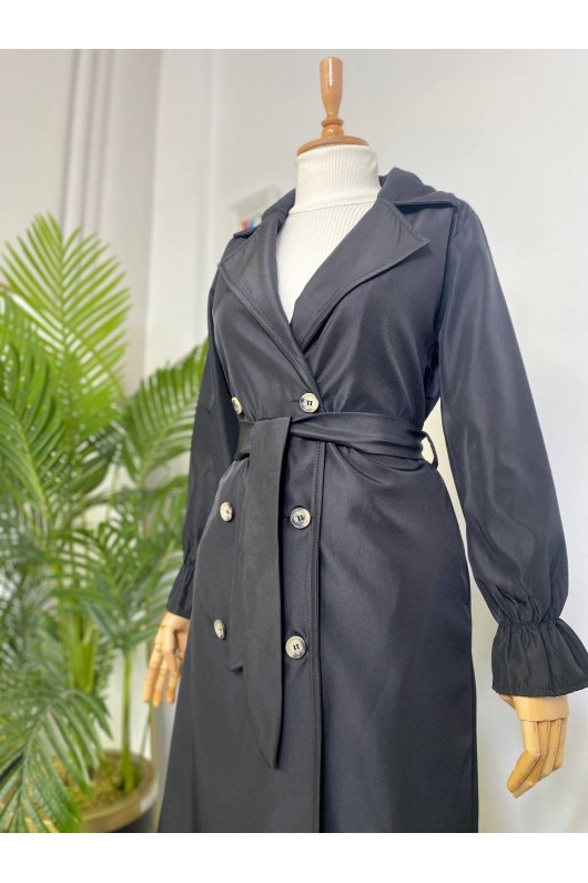 10986 - Tesettür Trençkot Si̇yah-A21