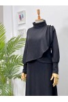 4415 - Asimetrik Tunik Etek Tesettür İkili Takım Si̇yah-A18