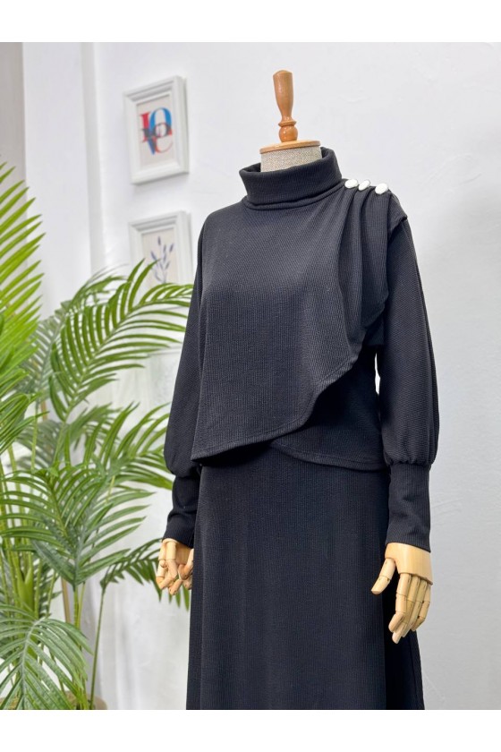 4415 - Asimetrik Tunik Etek Tesettür İkili Takım Si̇yah-A18