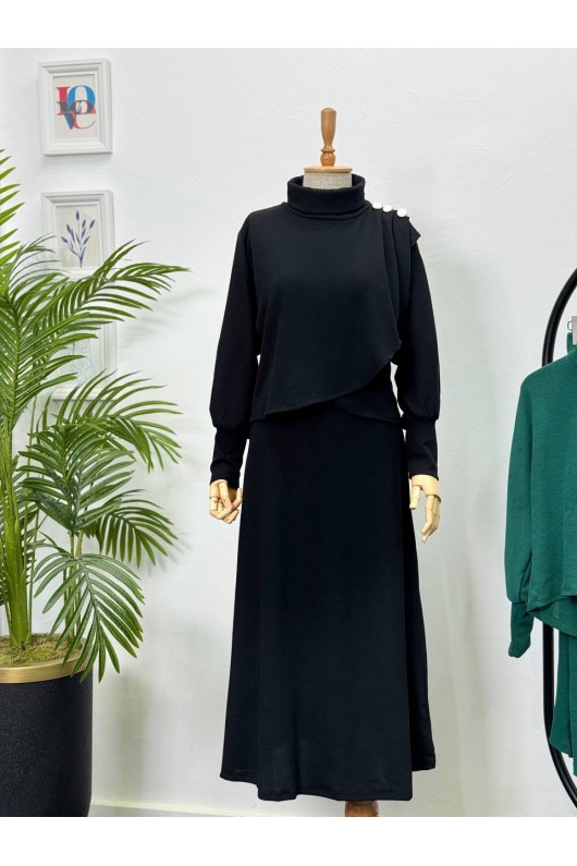 4415 - Asimetrik Tunik Etek Tesettür İkili Takım Si̇yah-A18