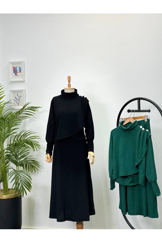 4415 - Asimetrik Tunik Etek Tesettür İkili Takım Si̇yah-A18