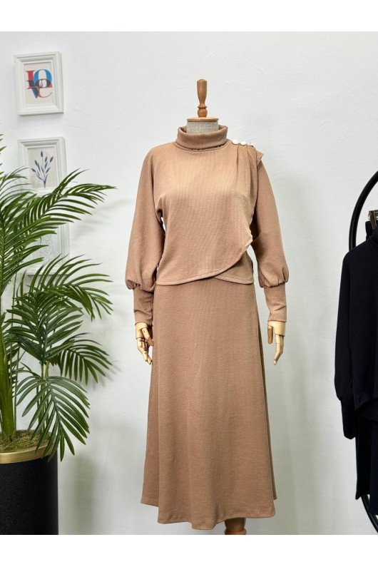 4415 - Asimetrik Tunik Etek Tesettür İkili Takım Camel-A18 4415 - Asimetrik Tunik Etek Tesettür İkili Takım Camel-A18