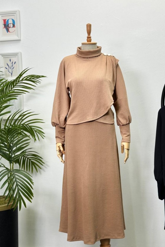 4415 - Asimetrik Tunik Etek Tesettür İkili Takım Camel-A18