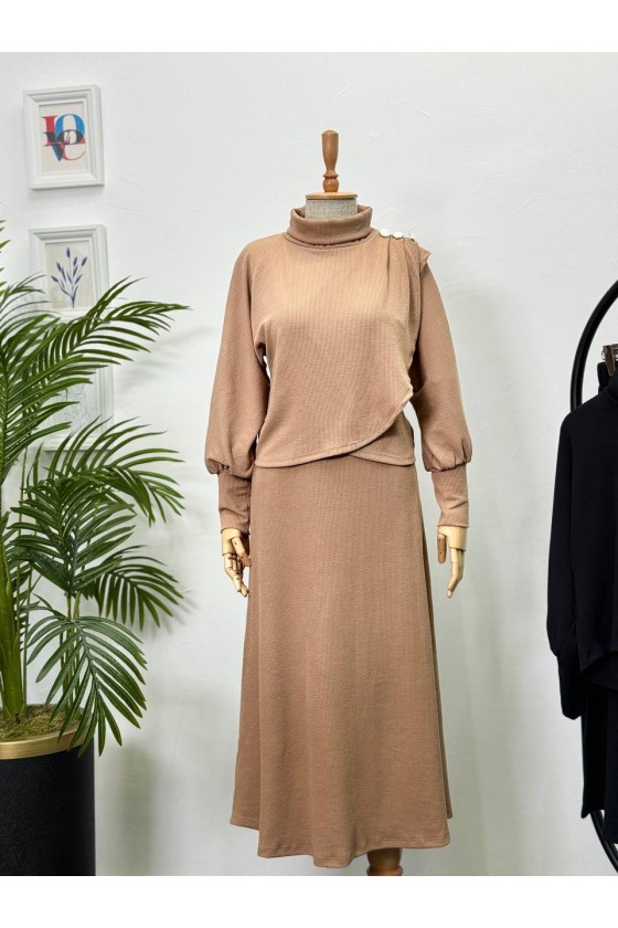 4415 - Asimetrik Tunik Etek Tesettür İkili Takım Camel-A18