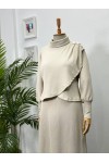 4415 - Asimetrik Tunik Etek Tesettür İkili Takım Bej-A18