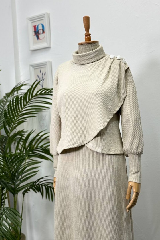 4415 - Asimetrik Tunik Etek Tesettür İkili Takım Bej-A18