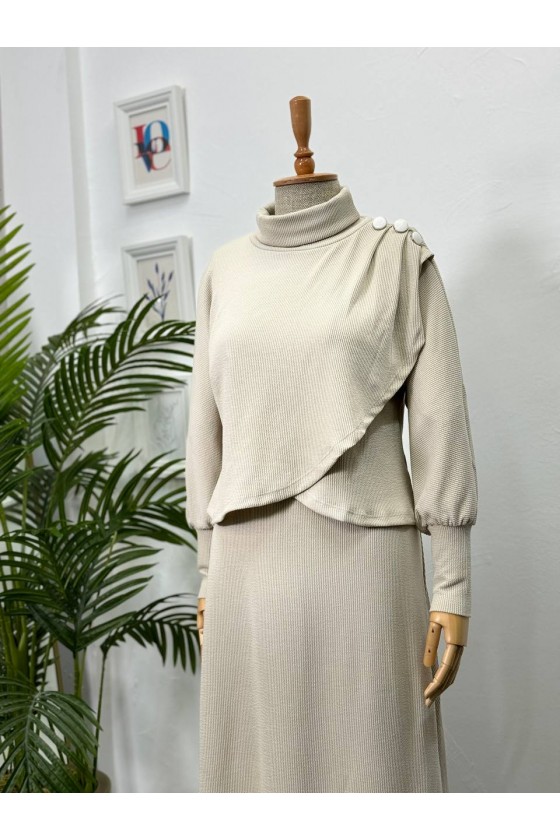 4415 - Asimetrik Tunik Etek Tesettür İkili Takım Bej-A18