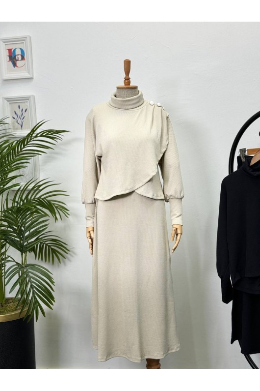 4415 - Asimetrik Tunik Etek Tesettür İkili Takım Bej-A18