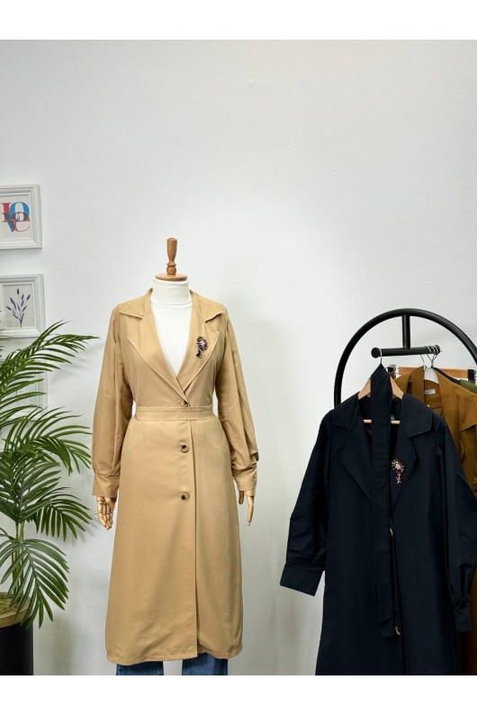 9771 - Broş Detaylı Tesettür Trençkot Camel-E0 9771 - Broş Detaylı Tesettür Trençkot Camel-E0
