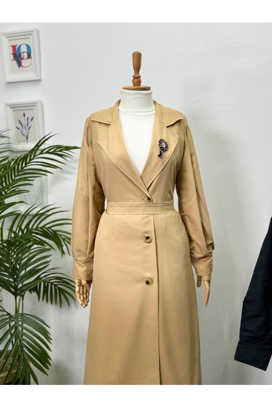 9771 - Broş Detaylı Tesettür Trençkot Camel-E0 9771 - Broş Detaylı Tesettür Trençkot Camel-E0