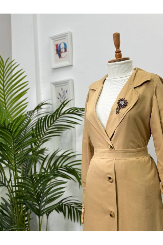 9771 - Broş Detaylı Tesettür Trençkot Camel-E0 9771 - Broş Detaylı Tesettür Trençkot Camel-E0
