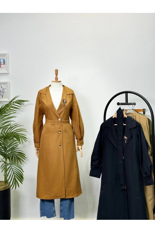 9771 - Broş Detaylı Tesettür Trençkot Taba-E0 9771 - Broş Detaylı Tesettür Trençkot Taba-E0