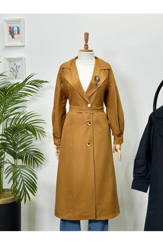 9771 - Broş Detaylı Tesettür Trençkot Taba-E0 9771 - Broş Detaylı Tesettür Trençkot Taba-E0