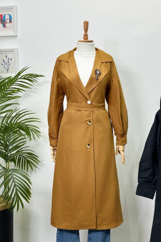 9771 - Broş Detaylı Tesettür Trençkot Taba-E0