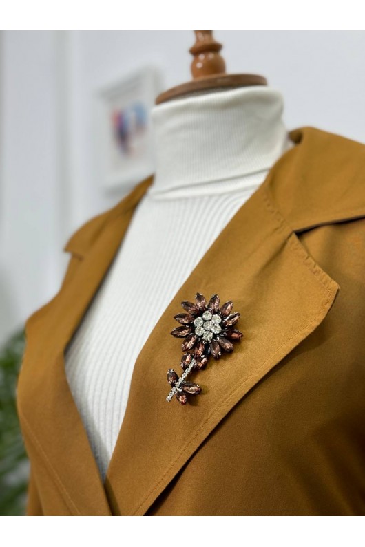 9771 - Broş Detaylı Tesettür Trençkot Taba-E0 9771 - Broş Detaylı Tesettür Trençkot Taba-E0