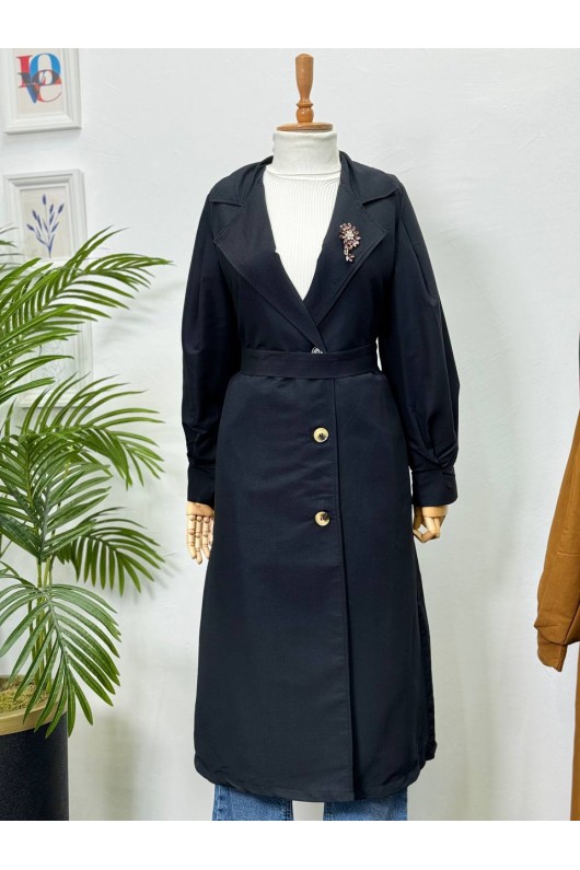 9771 - Broş Detaylı Tesettür Trençkot Si̇yah-E0 9771 - Broş Detaylı Tesettür Trençkot Si̇yah-E0