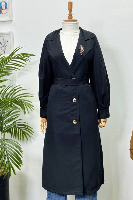9771 - Broş Detaylı Tesettür Trençkot Si̇yah-E0