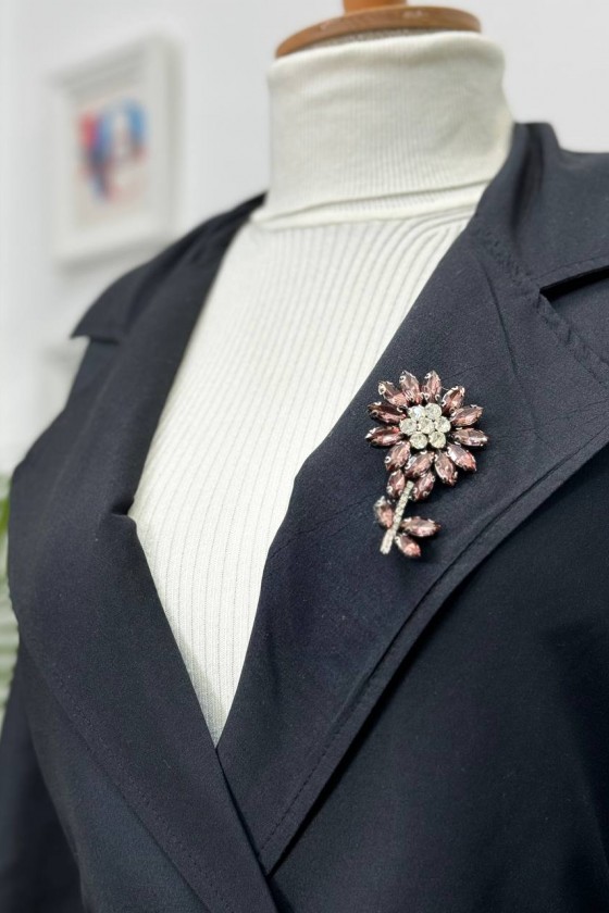 9771 - Broş Detaylı Tesettür Trençkot Si̇yah-E0