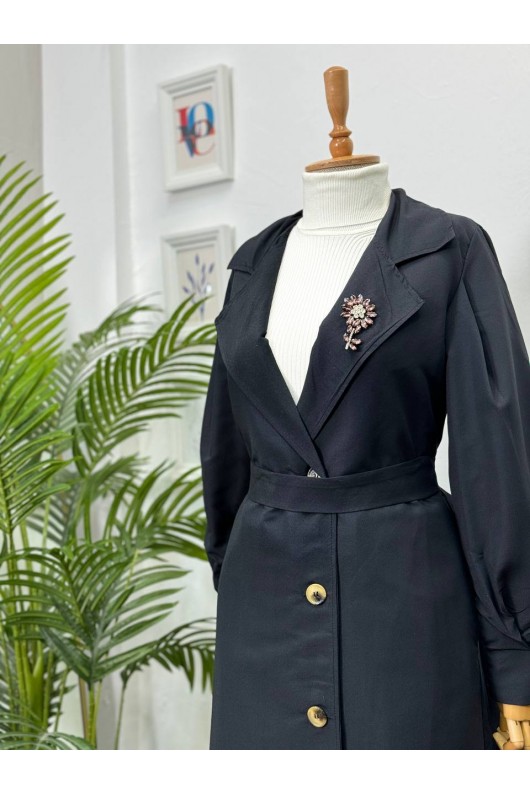 9771 - Broş Detaylı Tesettür Trençkot Si̇yah-E0 9771 - Broş Detaylı Tesettür Trençkot Si̇yah-E0