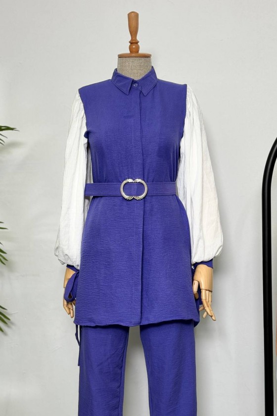 7060 - Kuşaklı Tesettür İkili Takım Mor-D1