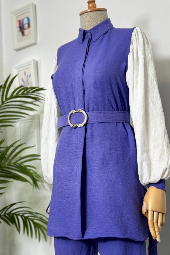 7060 - Kuşaklı Tesettür İkili Takım Mor-D1