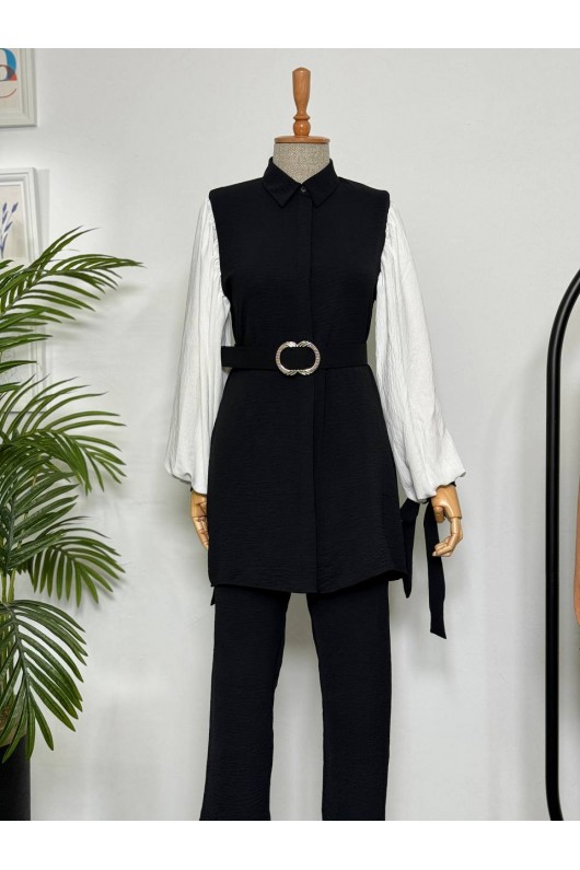 7060 - Kuşaklı Tesettür İkili Takım Si̇yah-D1 7060 - Kuşaklı Tesettür İkili Takım Si̇yah-D1