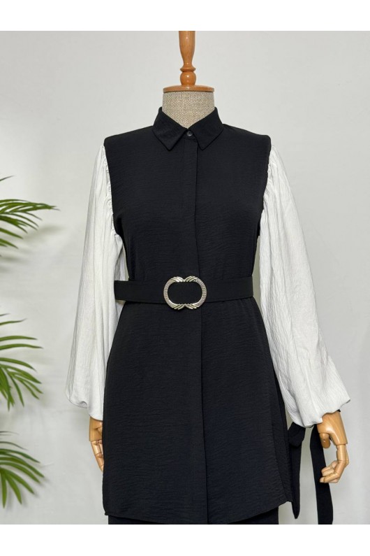 7060 - Kuşaklı Tesettür İkili Takım Si̇yah-D1 7060 - Kuşaklı Tesettür İkili Takım Si̇yah-D1