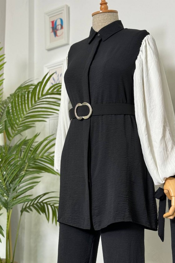 7060 - Kuşaklı Tesettür İkili Takım Si̇yah-D1