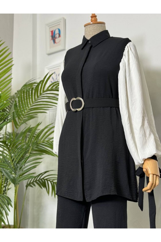 7060 - Kuşaklı Tesettür İkili Takım Si̇yah-D1 7060 - Kuşaklı Tesettür İkili Takım Si̇yah-D1