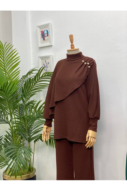 4448 - Yarım Boğazlı Tesettür Takım Kahverengi̇-H10 4448 - Yarım Boğazlı Tesettür Takım Kahverengi̇-H10