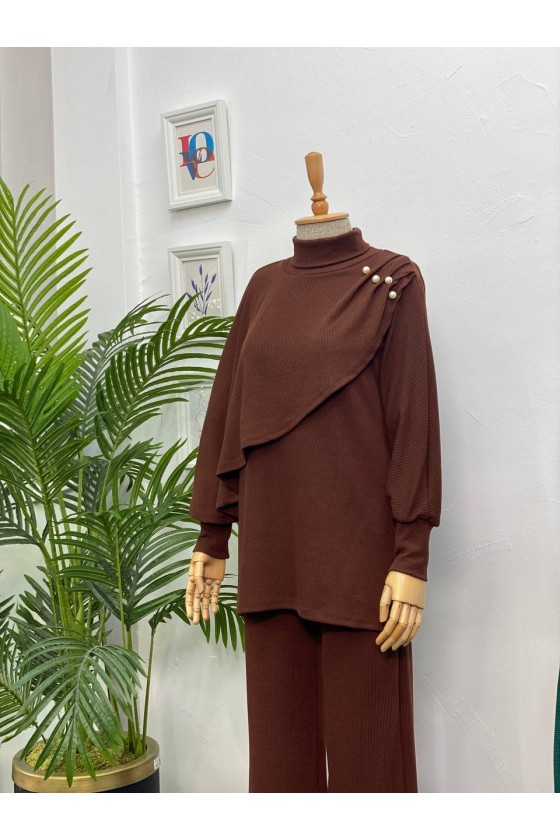 4448 - Yarım Boğazlı Tesettür Takım Kahverengi̇-H10 4448 - Yarım Boğazlı Tesettür Takım Kahverengi̇-H10