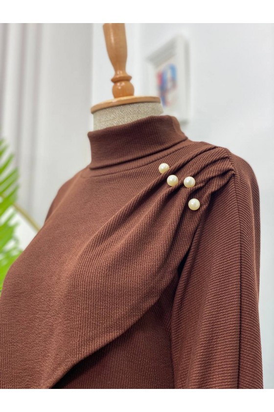 4448 - Yarım Boğazlı Tesettür Takım Kahverengi̇-H10