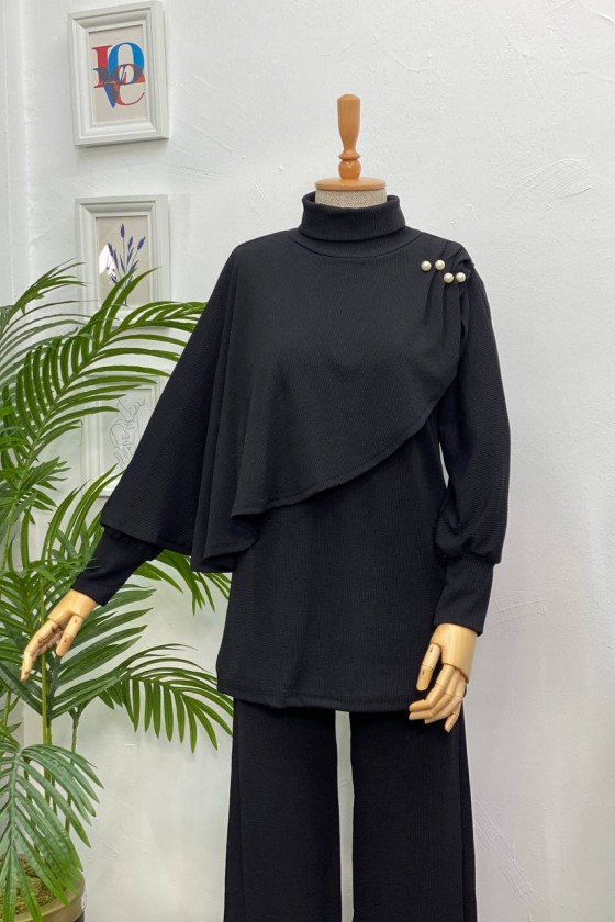 4448 - Yarım Boğazlı Tesettür Takım Si̇yah-H10