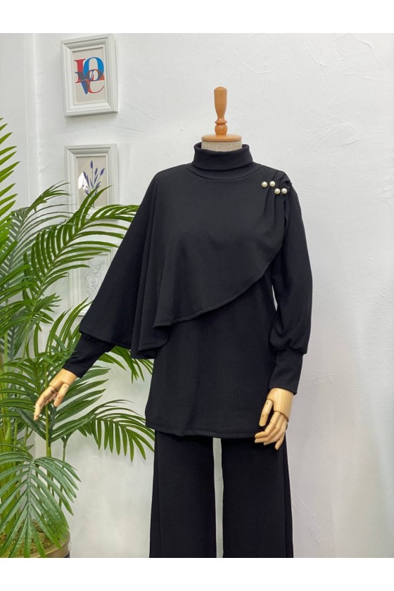 4448 - Yarım Boğazlı Tesettür Takım Si̇yah-H10