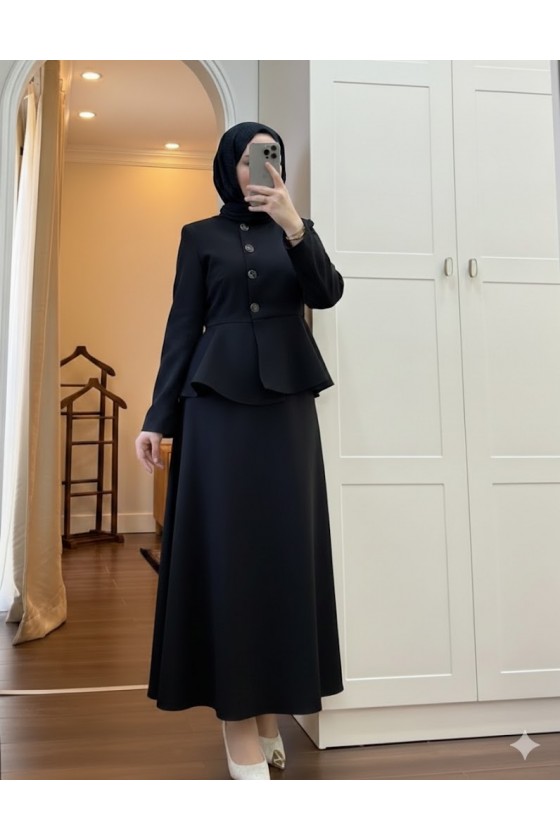 4521 - Krep Kumaş İkili Tesettür Takım Si̇yah-A6