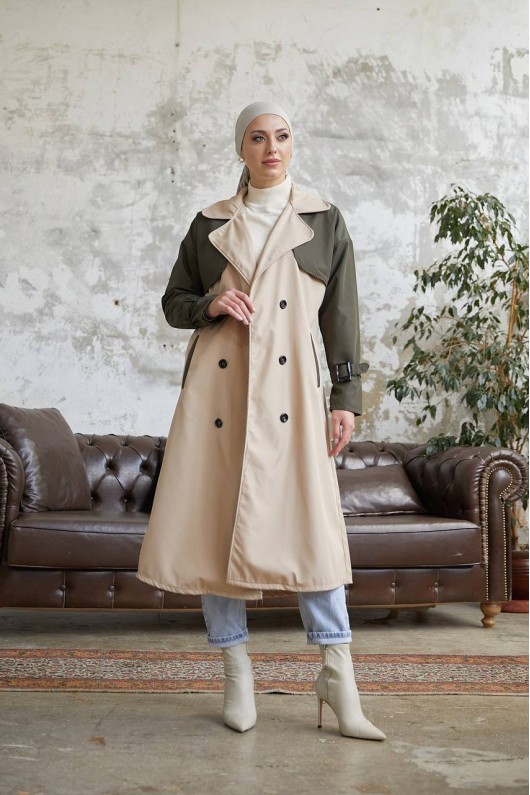 8858 - İki Renk Trençkot Haki̇-E3