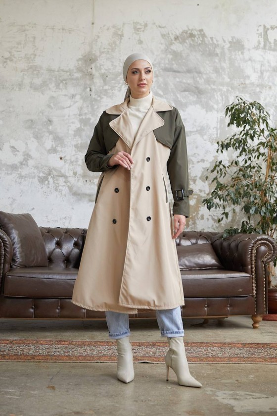 8858 - İki Renk Trençkot Haki̇-E3